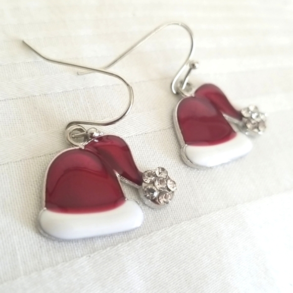 New Santa Hat Christmas Rhinestone Earrings Silver Red - Picture 2 of 3